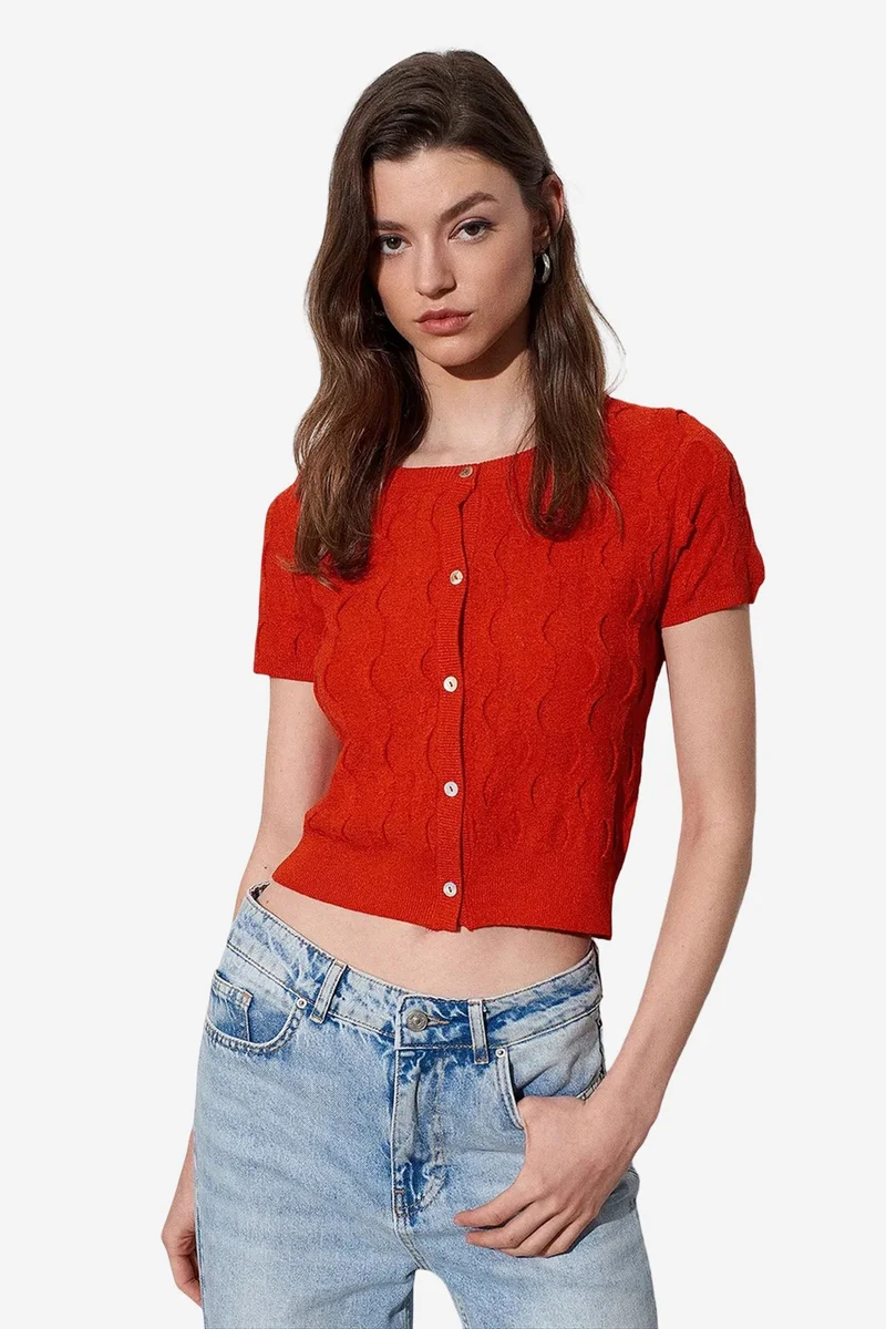Dilvin Bright Orange DILVIN Women's Cropped Jacquard Button Cardigan for Women | Best Price UAE
