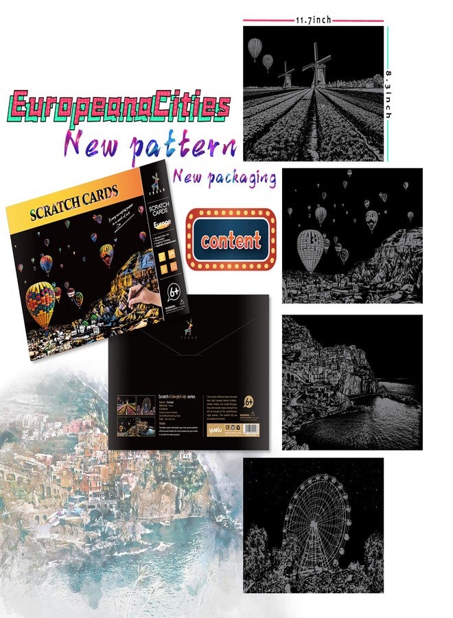 BOTEEN Scratch Art for Adults-City Landmarks Scratch Painting Paper Craft Kit (8 Sheets A4)|DIY Foil Engraving Art Set|Stress Relief Gift for Travel Lovers,Craft Lovers,Home Decor(America/Europe) - Image 2