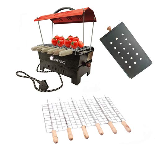 HOTBERG Hot Berg RED Hut Shaped Barbeque with 6 Skewers 1 TongElectric Charcoal Barbeque Grill Tandoor Compact BBQ Large red Electric Grill - Image 1
