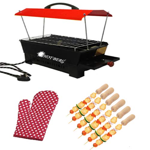 HOTBERG Hot Berg RED Hut Shaped Barbeque with 6 Skewers 1 TongElectric Charcoal Barbeque Grill Tandoor Compact BBQ Large red Electric Grill - Image 3
