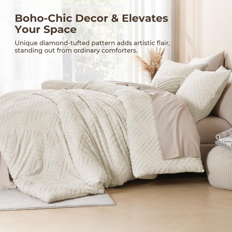 Litanika Beige Super King Plus Comforter, 3 Pieces Cream Tufted Boho Farmhouse Bedding Comforter Sets, Lightweight Fluffy Bed Set for All Season (128x120In Comforter and 2 Pillowcases) - Image 4