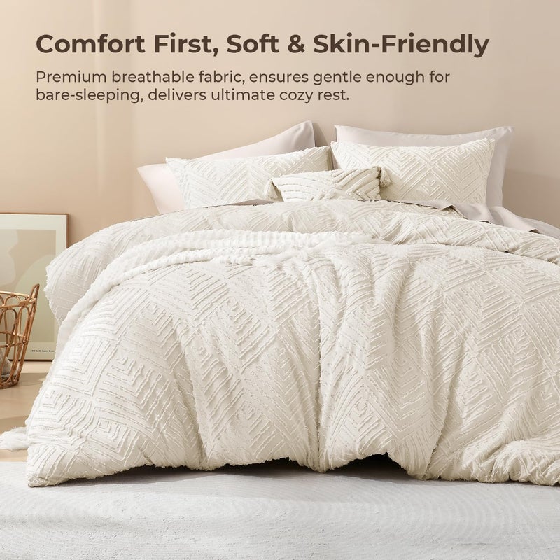 Litanika Beige Super King Plus Comforter, 3 Pieces Cream Tufted Boho Farmhouse Bedding Comforter Sets, Lightweight Fluffy Bed Set for All Season (128x120In Comforter and 2 Pillowcases) - Image 2