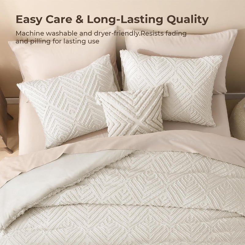 Litanika Beige Super King Plus Comforter, 3 Pieces Cream Tufted Boho Farmhouse Bedding Comforter Sets, Lightweight Fluffy Bed Set for All Season (128x120In Comforter and 2 Pillowcases) - Image 5