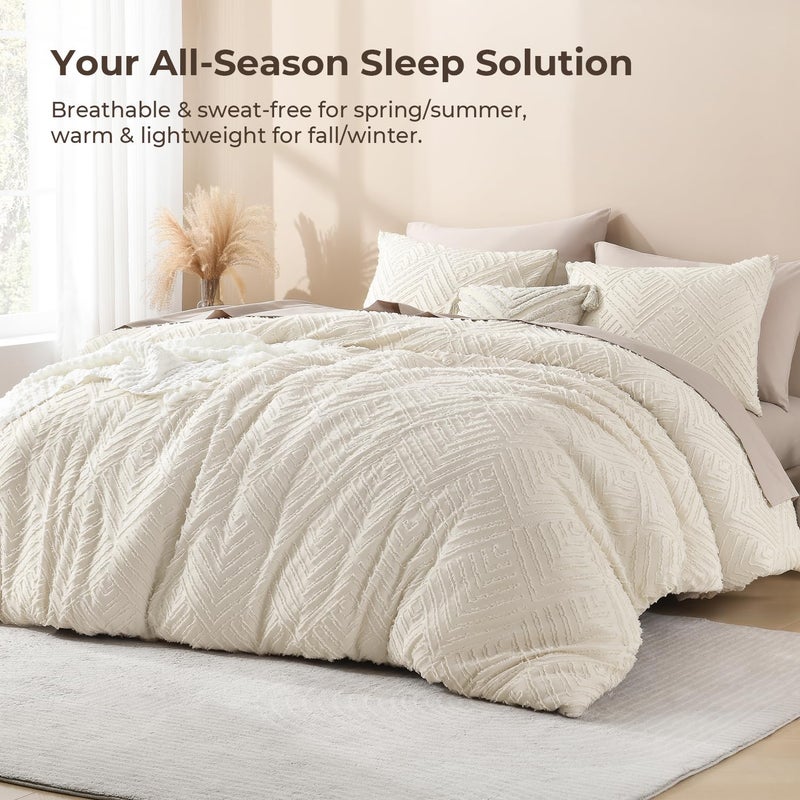 Litanika Beige Super King Plus Comforter, 3 Pieces Cream Tufted Boho Farmhouse Bedding Comforter Sets, Lightweight Fluffy Bed Set for All Season (128x120In Comforter and 2 Pillowcases) - Image 3