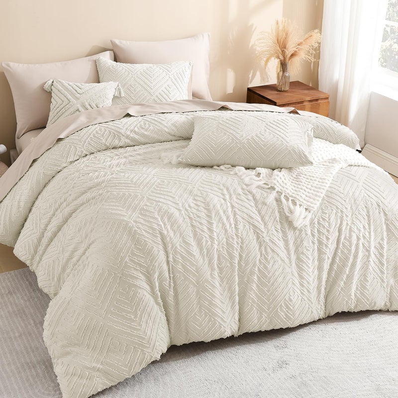 Litanika Beige Super King Plus Comforter, 3 Pieces Cream Tufted Boho Farmhouse Bedding Comforter Sets, Lightweight Fluffy Bed Set for All Season (128x120In Comforter and 2 Pillowcases) - Image 1