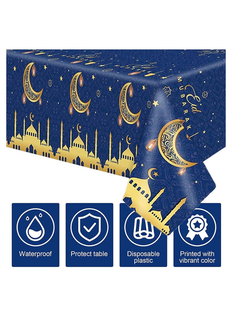 SYOSI Ramadan Disposable Tablecloth, 4PCS 137*274cm Gold and Blue Tablecloth, Large Rectangular Ramadan Mubarak Decorations Tablecover for Home Eid Mubarak Islam Muslim Party Dinner Table Decorations - Image 3