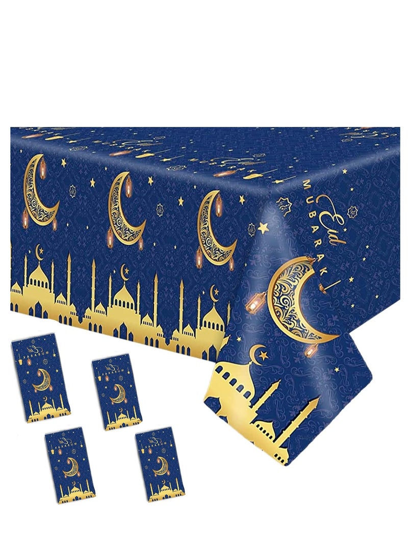 SYOSI Ramadan Disposable Tablecloth, 4PCS 137*274cm Gold and Blue Tablecloth, Large Rectangular Ramadan Mubarak Decorations Tablecover for Home Eid Mubarak Islam Muslim Party Dinner Table Decorations - Image 1