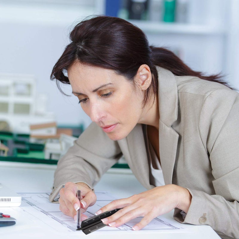 Leinuosen مجموعة مساطر مثلثية 6 قطع 12 بوصة مقياس هندسي من الألمنيوم لمهندسي العمارة أدوات رسم معدنية مع منقلة ملحقات للطلاب والمهندسين مقياس متري (أسود) - Image 5