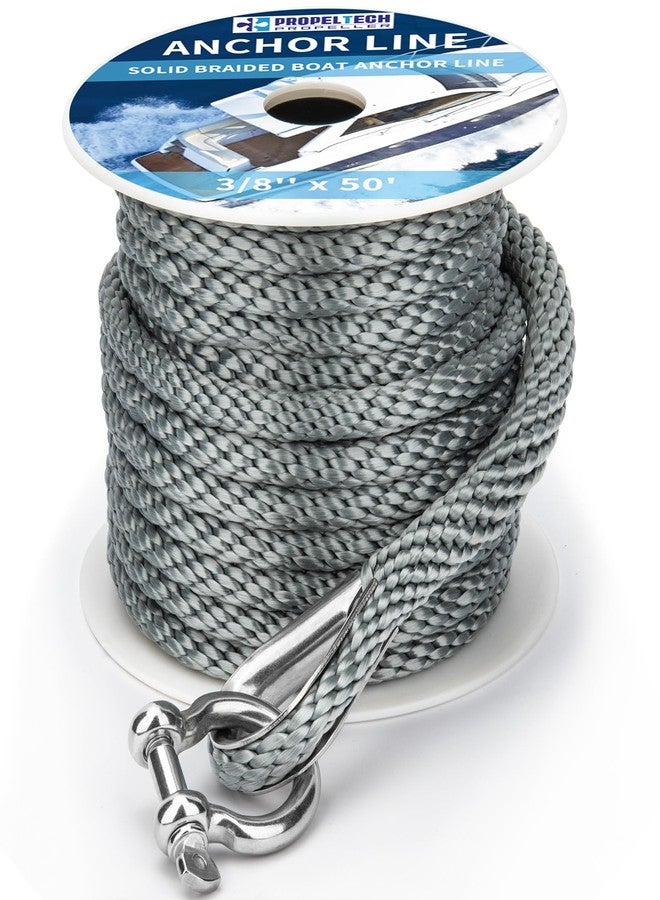 PropelTech Anchor Rope Braided Anchor Line(Grey, 3/8" x 50') Premium Solid Braid MFP Boat Rope with Stainless Steel Thimble & Shackle, Quality Marine Rope, Boat Accessories - Image 1