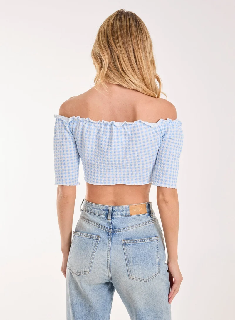 Pink Vanilla Frill Detail Gingham Bardot Top
