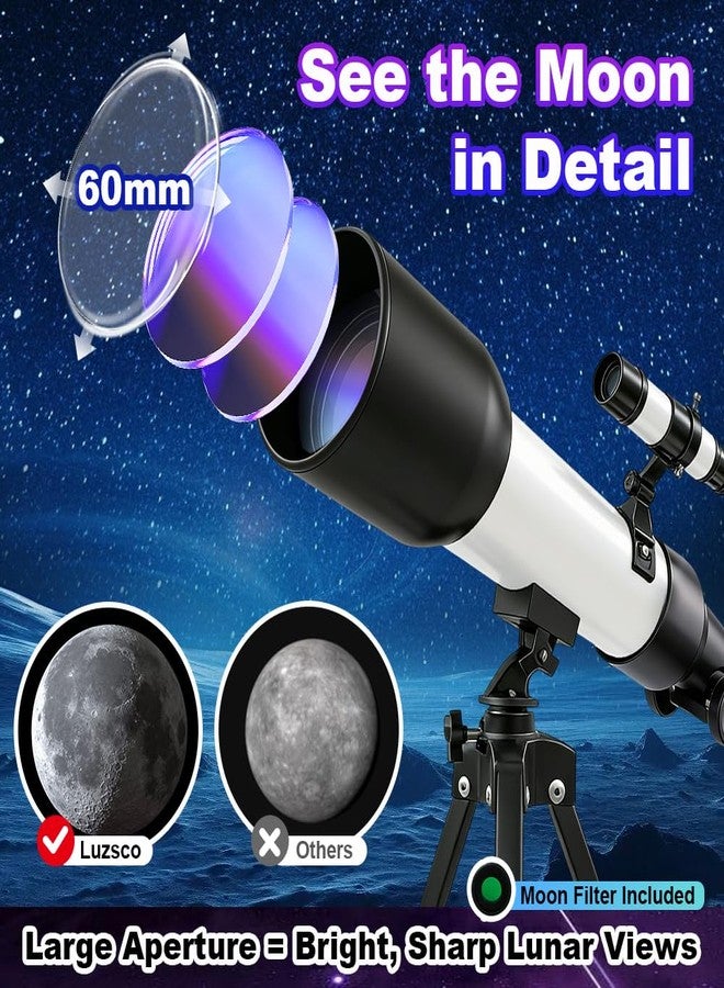 Luzsco Telescope for Kids 60mm 90x Magnification with Sturdy Tripod, 2 Eyepieces & Finder Scope, 360mm Tube, STEM Astronomy Educational Gift for Boys & Girls 6-12 - Image 4