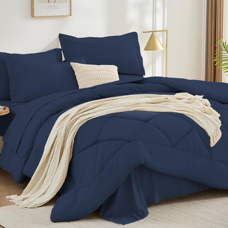 FUANNA 7 Pieces King Size Comforter Set, All Season Bed in a Bag King Size, Luxury Soft Bedding Sets with Comforter, Flat Sheet, Fitted Sheet, Pillowcases & Pillow Shams, Navy Blue - Image 1