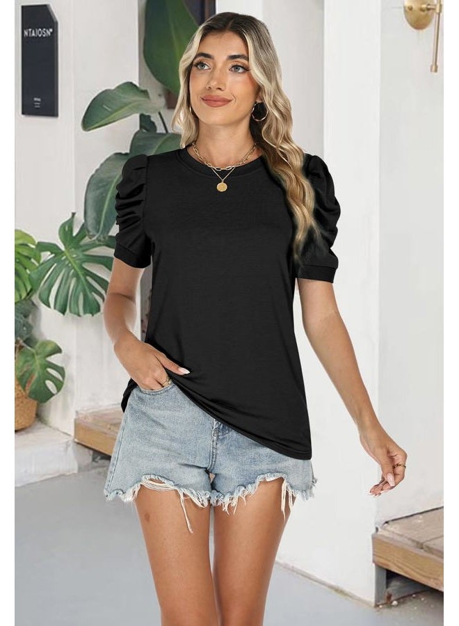 Loaribe Women's Puff Short Sleeve Tops Crew Neck Spring Summer 2026 Trendy Outfits Casual T Shirts Beach Fashion Clothing, Black, L - Image 5