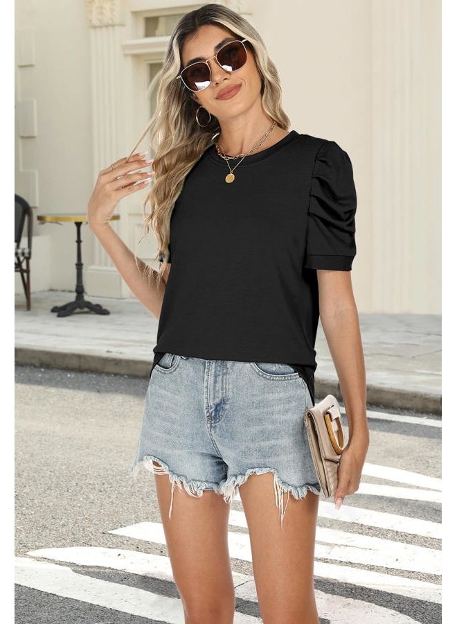 Loaribe Women's Puff Short Sleeve Tops Crew Neck Spring Summer 2026 Trendy Outfits Casual T Shirts Beach Fashion Clothing, Black, L - Image 2