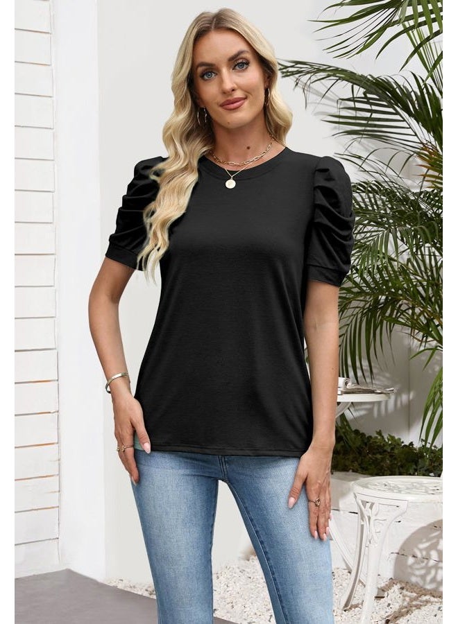 Loaribe Women's Puff Short Sleeve Tops Crew Neck Spring Summer 2026 Trendy Outfits Casual T Shirts Beach Fashion Clothing, Black, L - Image 4