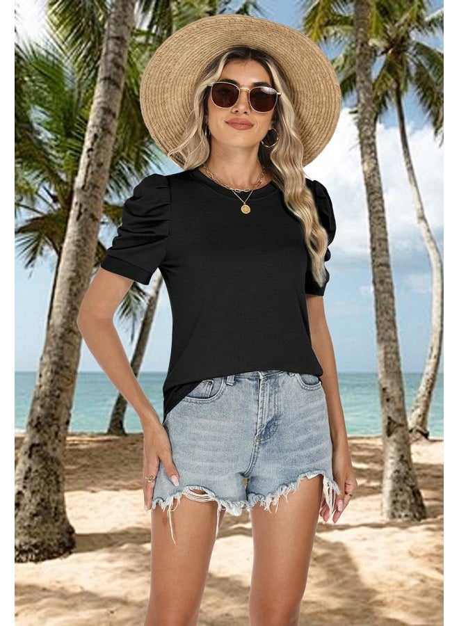 Loaribe Women's Puff Short Sleeve Tops Crew Neck Spring Summer 2026 Trendy Outfits Casual T Shirts Beach Fashion Clothing, Black, L - Image 3