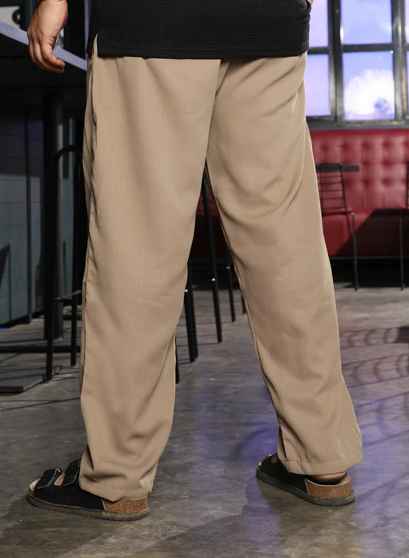 Instafab Plus  Men Tailored Linen-Blend Trousers | Mid-Rise, Extended Double-Closure Waistband Waist | Button Closure, Straight Hem | Solid Woven Fabric For Plus Size Office & Casual Wear | Brown for Men | Best Price UAE