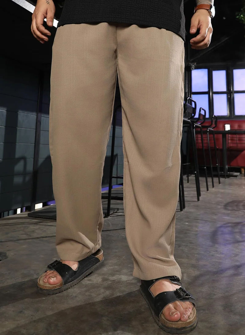 Instafab Plus Men Tailored Linen-Blend Trousers | Mid-Rise, Extended Double-Closure Waistband Waist | Button Closure, Straight Hem | Solid Woven Fabric For Plus Size Office & Casual Wear | Brown