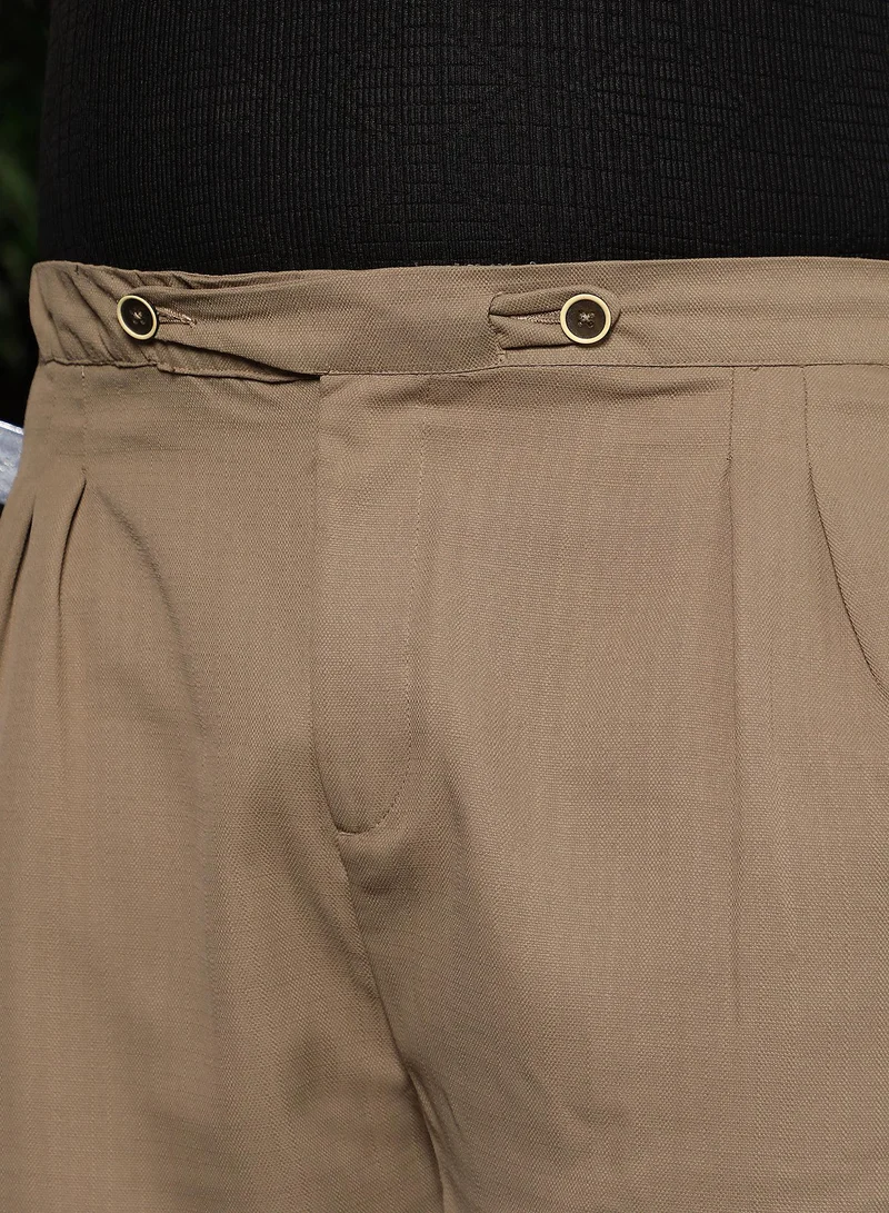 Instafab Plus  Men Tailored Linen-Blend Trousers | Mid-Rise, Extended Double-Closure Waistband Waist | Button Closure, Straight Hem | Solid Woven Fabric For Plus Size Office & Casual Wear | Brown for Men | Best Price UAE