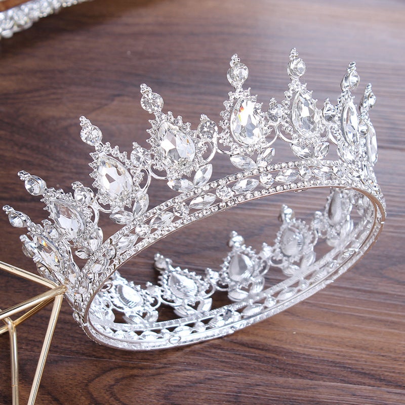 High-end luxury crystal bridal headdress European-style crown alloy large circle Crown round wedding hair accessories White 