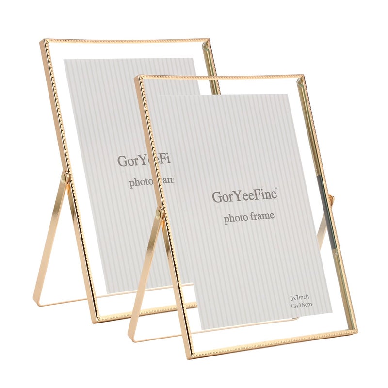 GorYeeFine Gold 5x7'' Floating Frame Set of 2, For Photo Sizes (3.5 x5'', 4x 6'' up to 5x7'' ), Beautiful Metal Lace Edge Frames Adjustable Tabletop/Shelf Photo Frame, Classy Gift Choice for Wedding, - Image 1