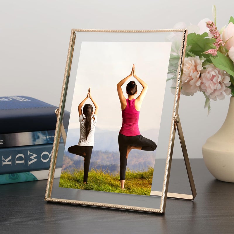 GorYeeFine Gold 5x7'' Floating Frame Set of 2, For Photo Sizes (3.5 x5'', 4x 6'' up to 5x7'' ), Beautiful Metal Lace Edge Frames Adjustable Tabletop/Shelf Photo Frame, Classy Gift Choice for Wedding, - Image 2
