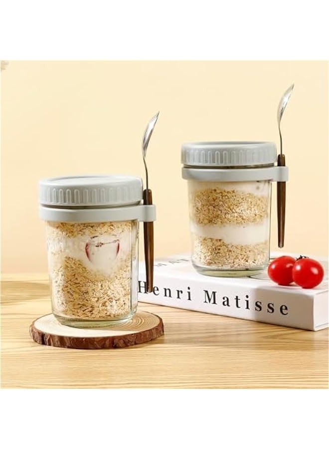 بيوينتي 6 حزمة جرات الشوفان الليلية مع الأغطية والملاعق (3 أبيض، 3 رمادي، 350 مل) - حاويات زجاجية قابلة لإعادة الاستخدام مع علامات القياس للفطور، دقيق الشوفان، الحليب، الحبوب، تخزين الفواكه - Image 5