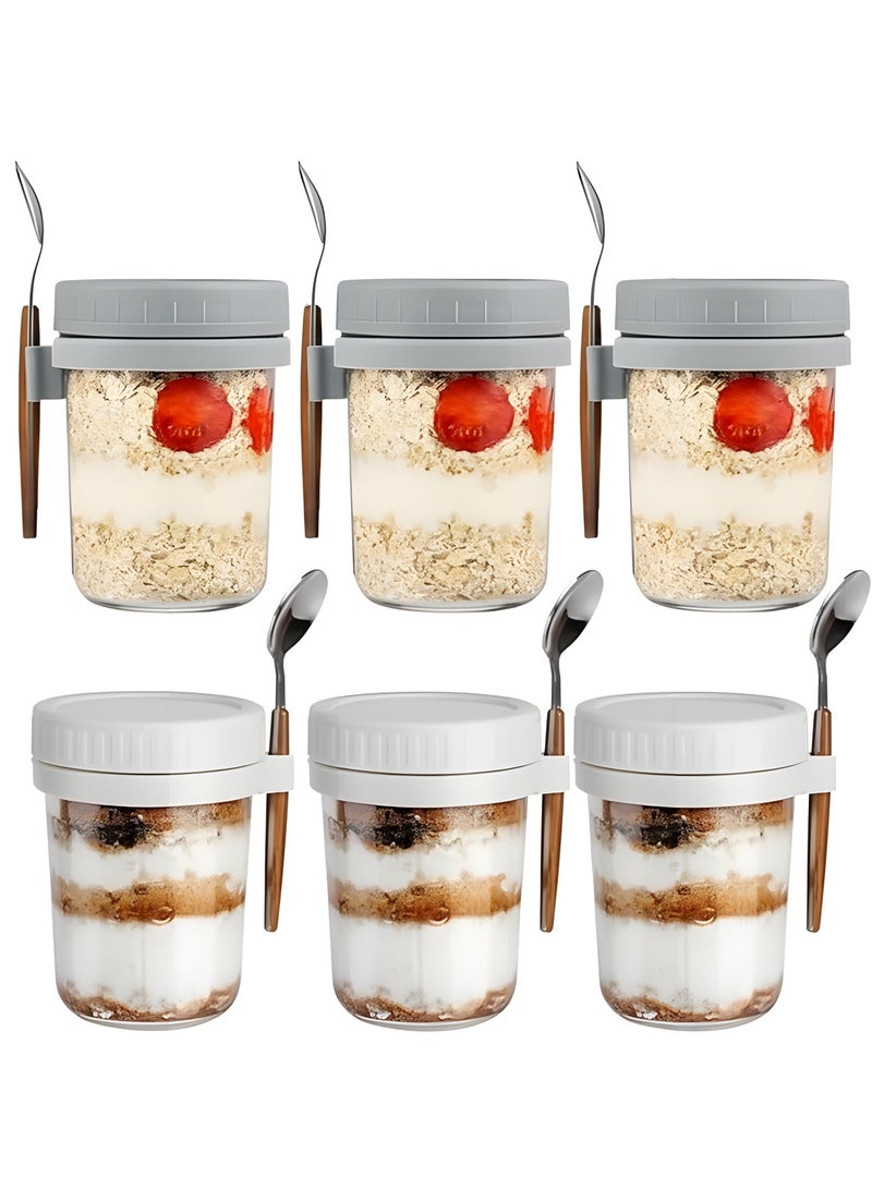 Beauenty 6-Pack Overnight Oats Jars with Lids & Spoons (3 White, 3 Grey, 350ml) – Reusable Glass Containers with Measurement Marks for Breakfast, Oatmeal, Milk, Cereal, Fruit Storage - Image 1
