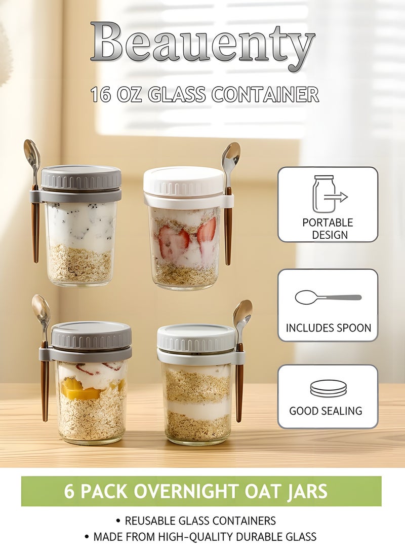 Beauenty 6-Pack Overnight Oats Jars with Lids & Spoons (3 White, 3 Grey, 350ml) – Reusable Glass Containers with Measurement Marks for Breakfast, Oatmeal, Milk, Cereal, Fruit Storage - Image 2