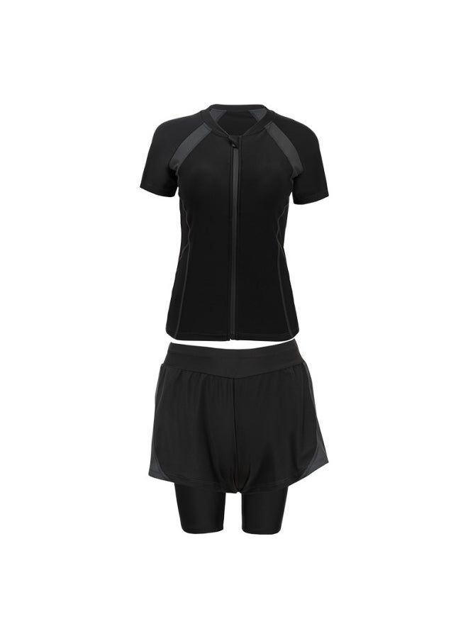 Generic - Swimsuit Women's Conservative Split Five-point Three-piece Suit Plus Size Chubby Girl Girl Meat Covering Student Sports Swimming-Color:Black-Size:L - Image 1