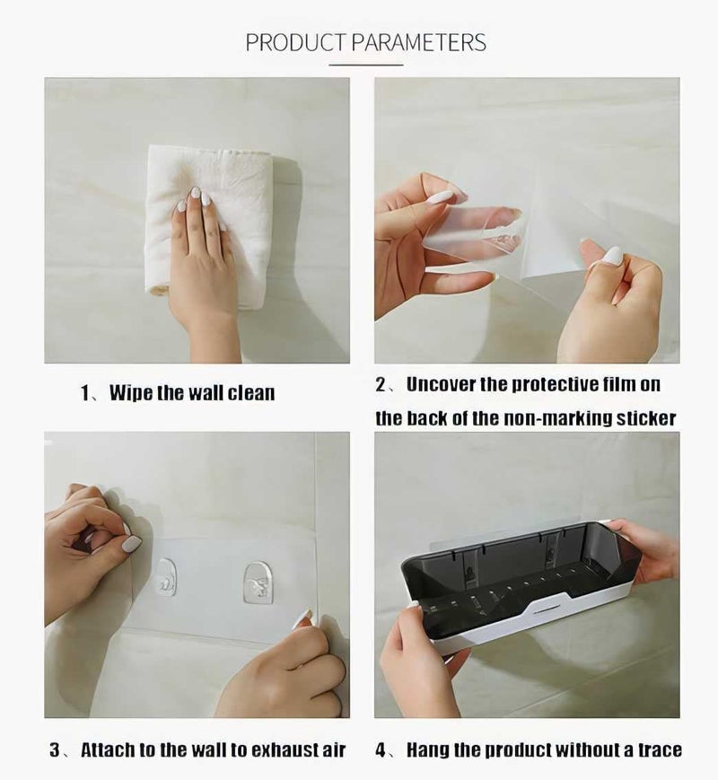 DOOMSDAY رف الحمام ذاتي اللصق DOOMSDAY - منظم مثبت على الحائط بدون حفر مع خطافات وتخزين للاستحمام، حوض، بلاستيك مقاوم للماء، تصميم أنيق باللونين الأسود والأبيض - Image 4