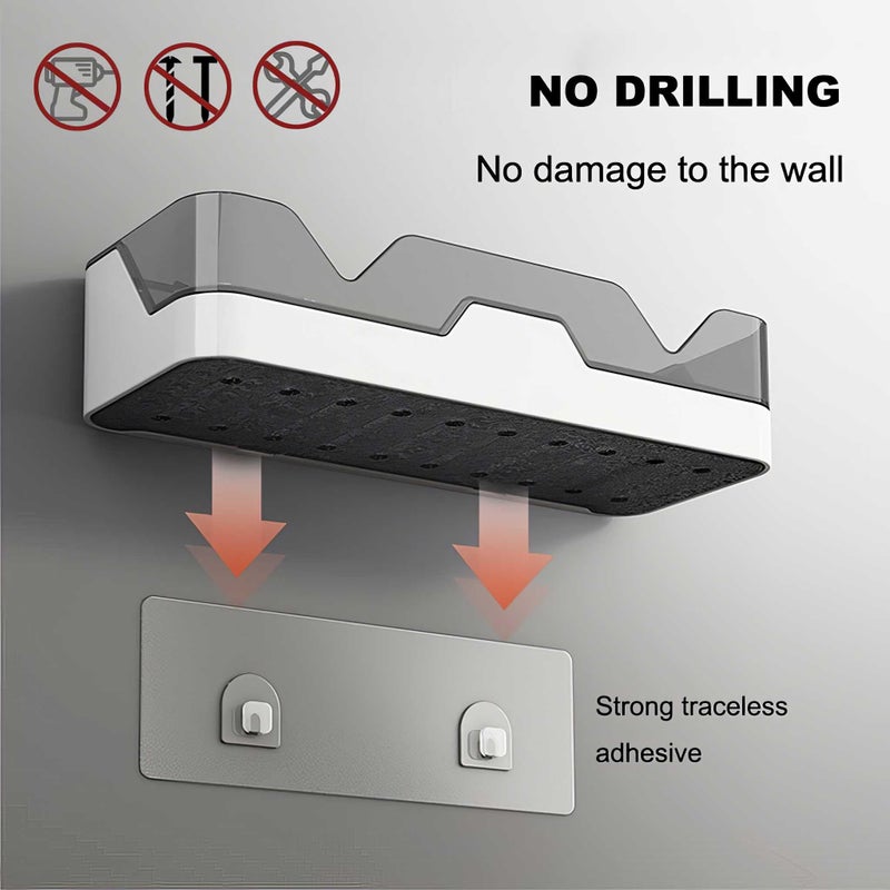 DOOMSDAY رف الحمام ذاتي اللصق DOOMSDAY - منظم مثبت على الحائط بدون حفر مع خطافات وتخزين للاستحمام، حوض، بلاستيك مقاوم للماء، تصميم أنيق باللونين الأسود والأبيض - Image 2