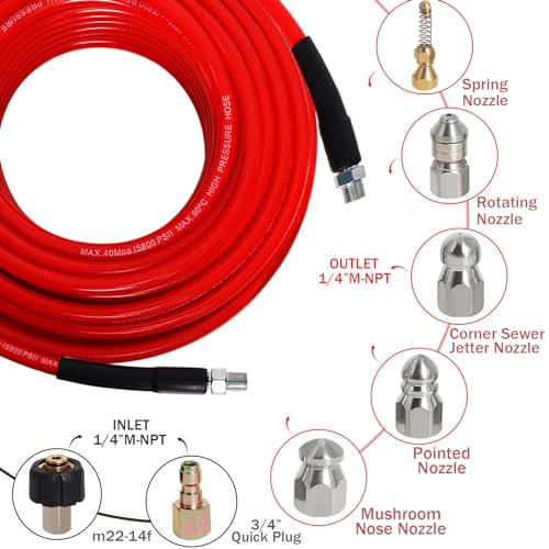 Zejoot Sewer Jetter Kit for Pressure Washer 50FT 5800PSI Drain Cleaner Hose 14 Inch NPT Corner with 5 Sewer Jetting NozzlesWaterproof TapePearl Corsage Pin 2 Spanners Red - Image 3