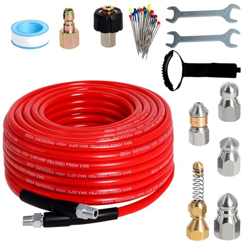 Zejoot Sewer Jetter Kit for Pressure Washer 50FT 5800PSI Drain Cleaner Hose 14 Inch NPT Corner with 5 Sewer Jetting NozzlesWaterproof TapePearl Corsage Pin 2 Spanners Red - Image 1