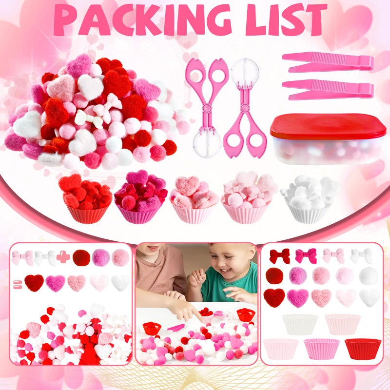 Bbiamsleep 257 Pcs Valentine's Day Sensory Bin Filler Fine Motor Skills Counting Sorting Valentine Pom Poms Decoration Sensory Bin Items for Valentine's Day Sorting Counting Training - Image 3