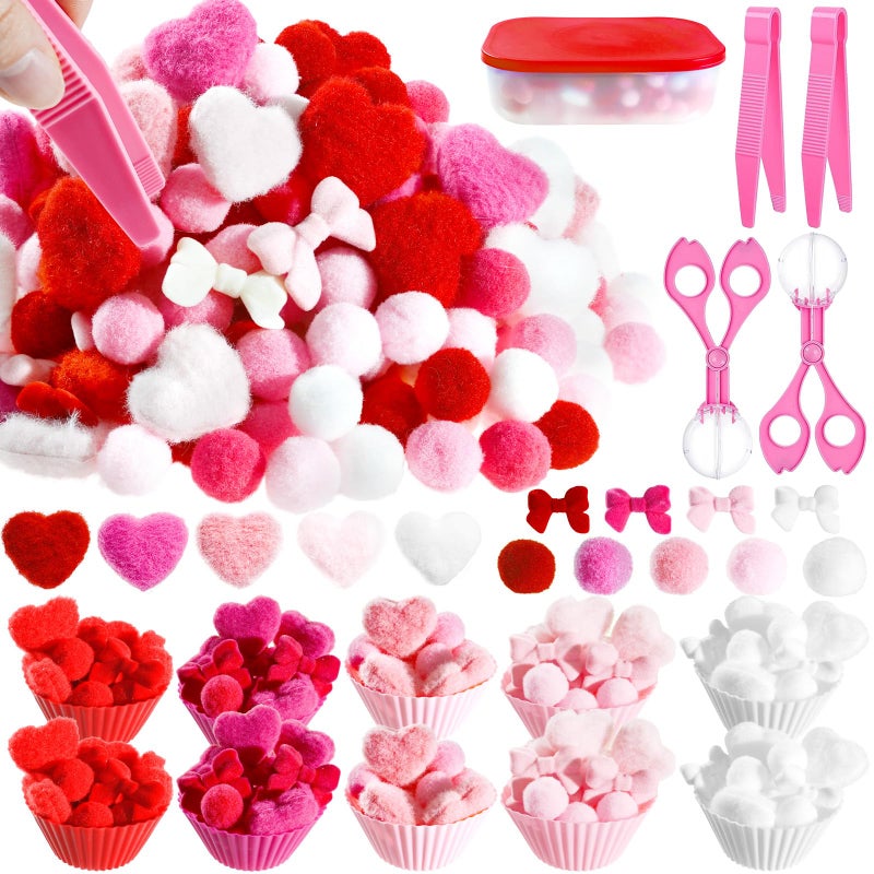 Bbiamsleep 257 Pcs Valentine's Day Sensory Bin Filler Fine Motor Skills Counting Sorting Valentine Pom Poms Decoration Sensory Bin Items for Valentine's Day Sorting Counting Training - Image 1