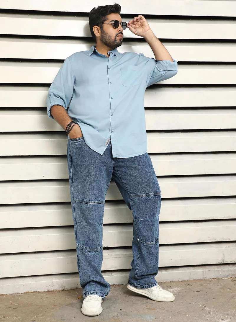 هاي ستار Men's Blue 100% Cotton Solid Pattern Button Down Regular Fit Shirt
