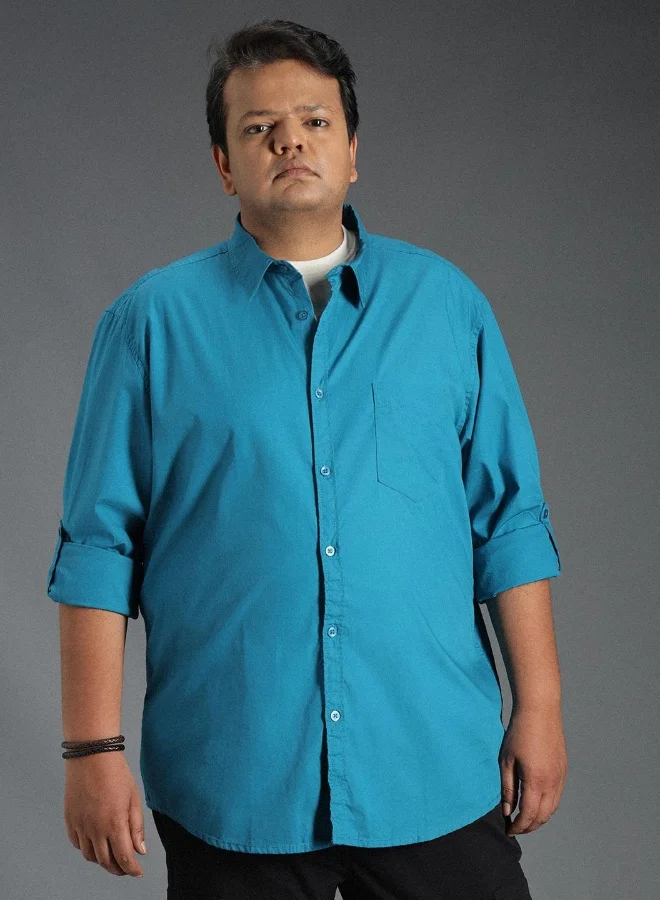 هاي ستار Men's Blue 100% Cotton Solid Pattern Button Down Regular Fit Shirt