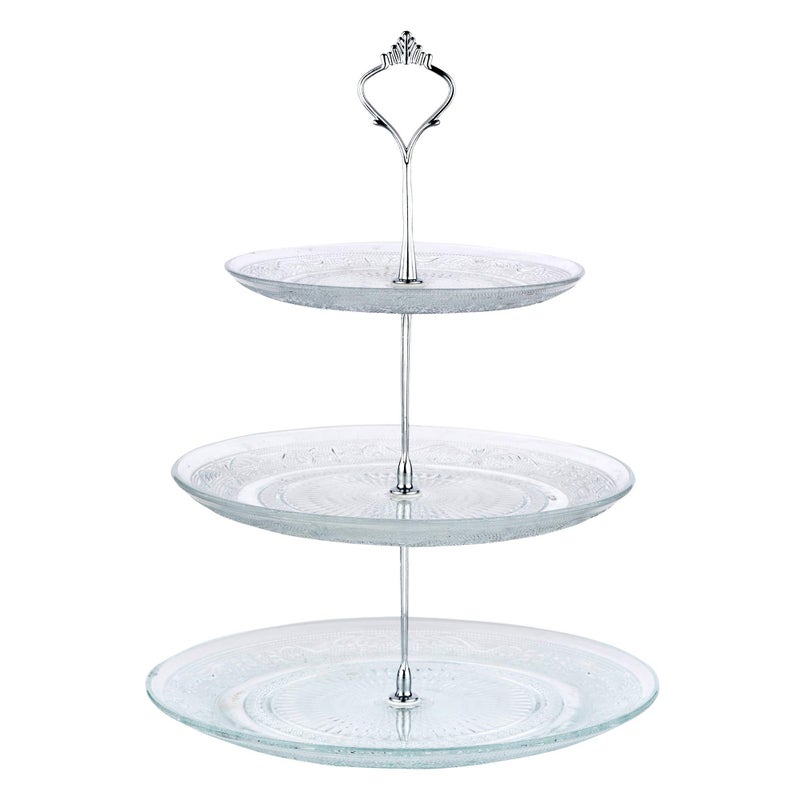 Nyxi 3 Tier Cake Stand Afternoon Tea Serving Plate Embossed Glass Cake Stand Round Display with New Crown Fittings