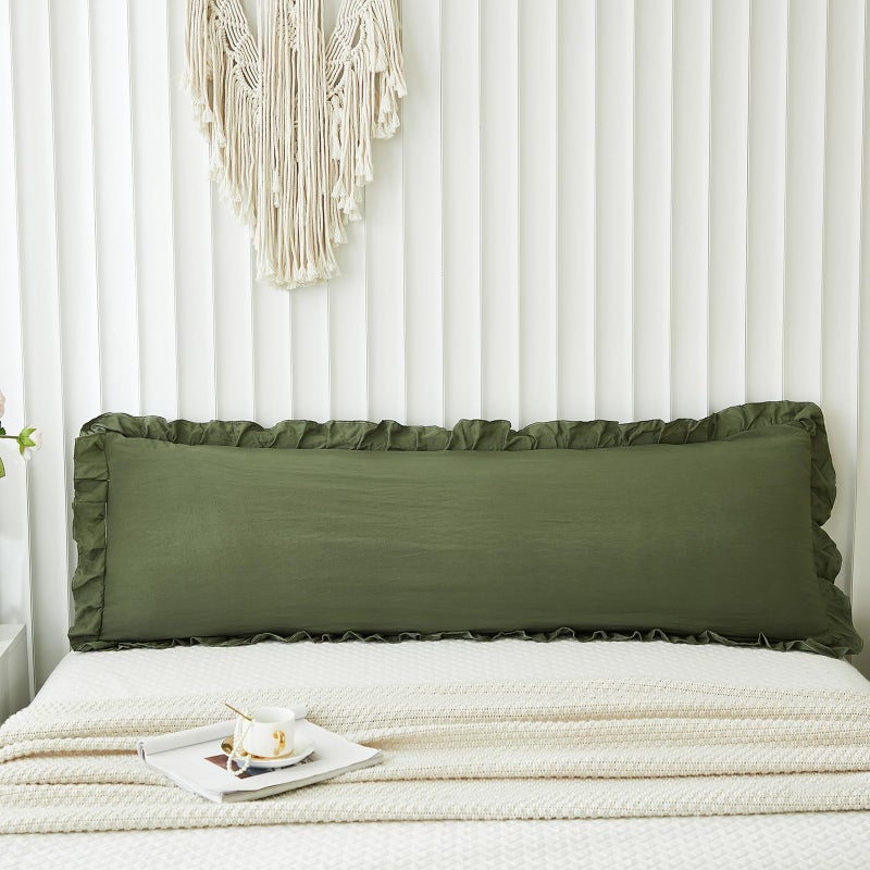 Merryword Shabby Chic Olive Green Body Pillow Cover - 20x54in Long Pillowcase with Ruffled Fringe Decor - Image 2