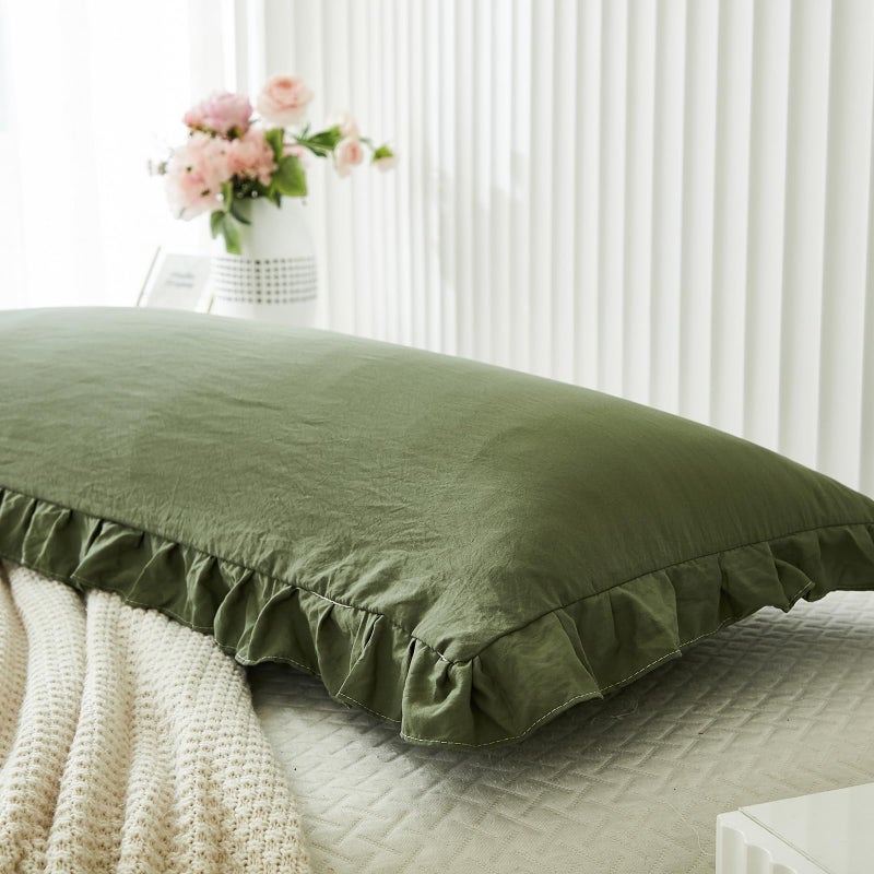 Merryword Shabby Chic Olive Green Body Pillow Cover - 20x54in Long Pillowcase with Ruffled Fringe Decor - Image 3