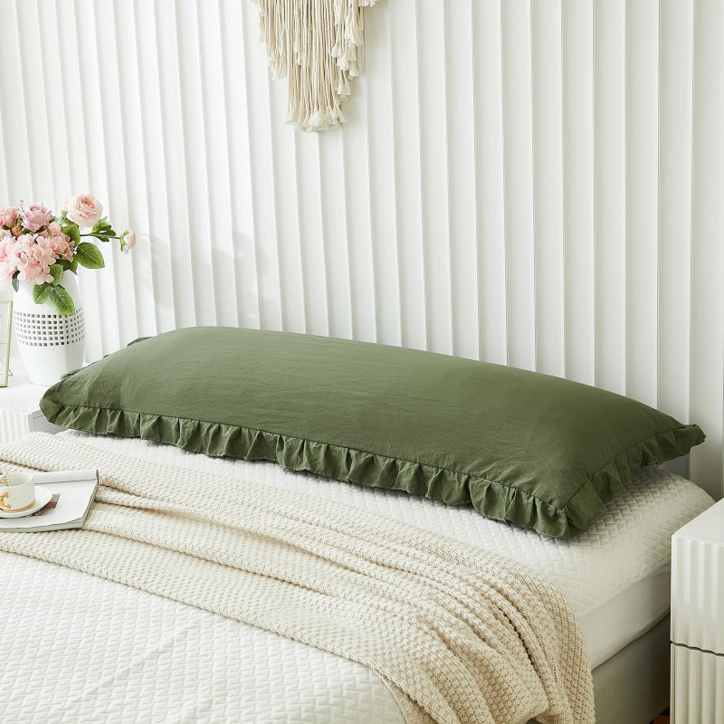 Merryword Shabby Chic Olive Green Body Pillow Cover - 20x54in Long Pillowcase with Ruffled Fringe Decor - Image 5
