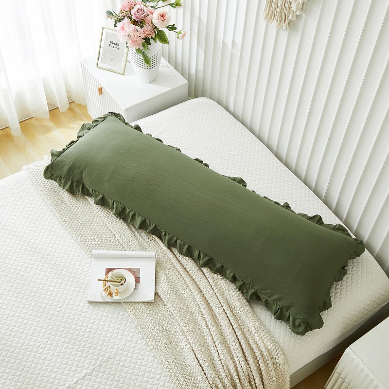 Merryword Shabby Chic Olive Green Body Pillow Cover - 20x54in Long Pillowcase with Ruffled Fringe Decor - Image 4