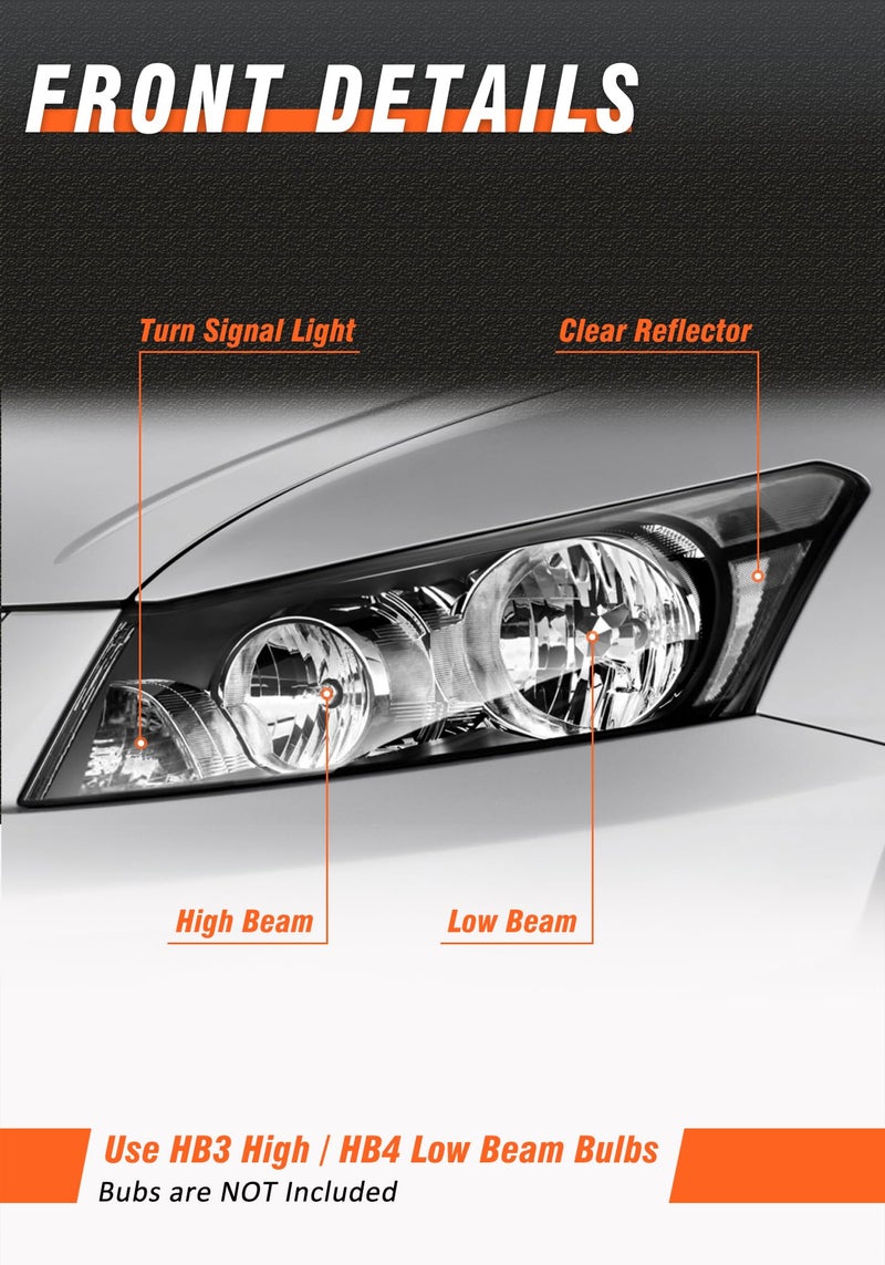 AXLAHA Headlights Assembly for 2008-2012 Honda Accord 4dr Black Housing Clear Reflector Clear Lens Headlamp Replacement Left and Right Pair NOT fit coupe models or Crosstour models(Bulbs not included - Image 3