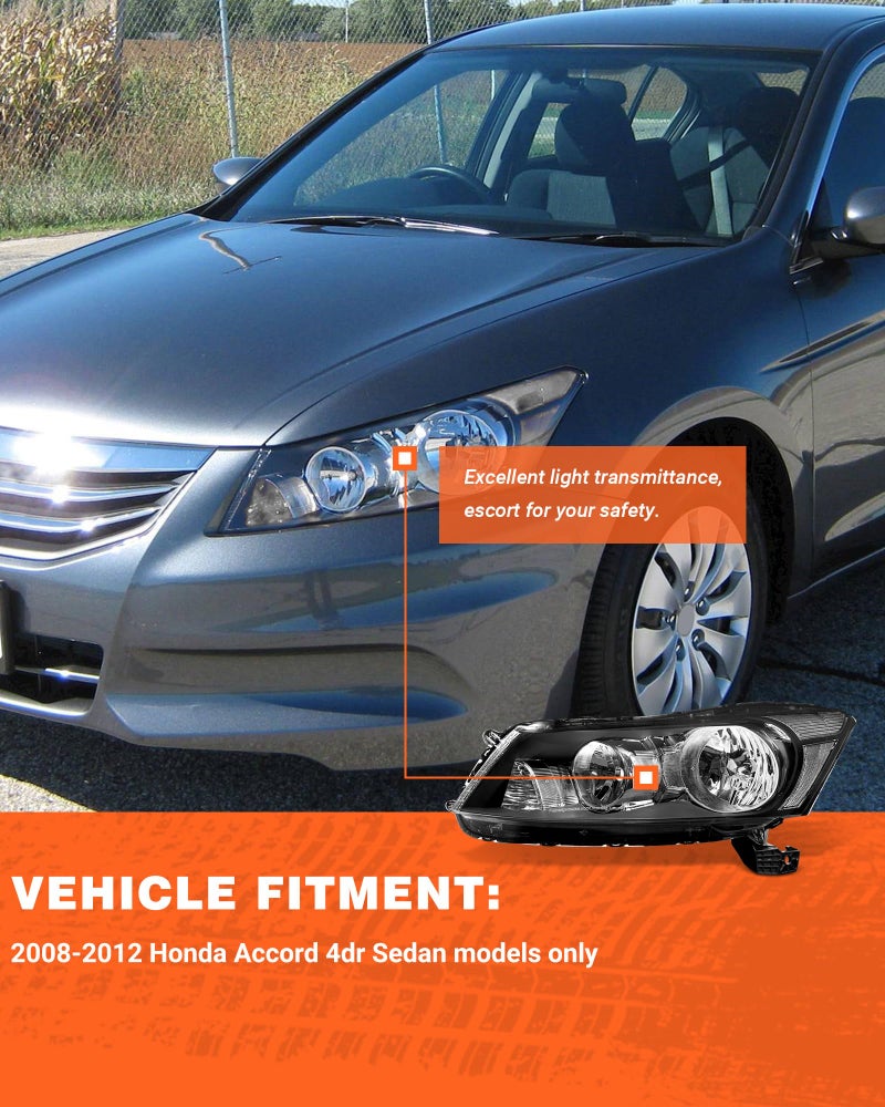 AXLAHA Headlights Assembly for 2008-2012 Honda Accord 4dr Black Housing Clear Reflector Clear Lens Headlamp Replacement Left and Right Pair NOT fit coupe models or Crosstour models(Bulbs not included - Image 2