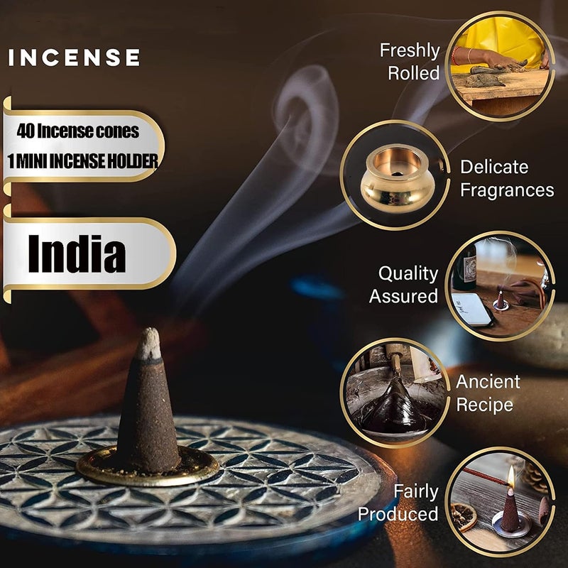 sheful Incense Cones 40 Pack, Incense Stickes with Mini Copper Incense Holder, Long Lasting Aromatherapy for Positivity & Pure Air Stress Relief, Air Purifier & Clean, Fragrance Gift (India) - Image 2