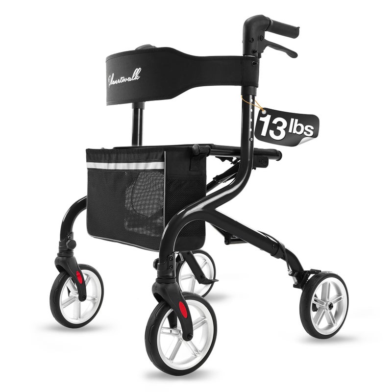 PLANET WALK Super Lightweight Rollator Walker for Seniors, Foldable Rolling Walker with Seat and 8" Rubber Wheels for All Terrain, Unique Design Aluminium Frame Sturdy Walkers for Traveling - Black - Image 1