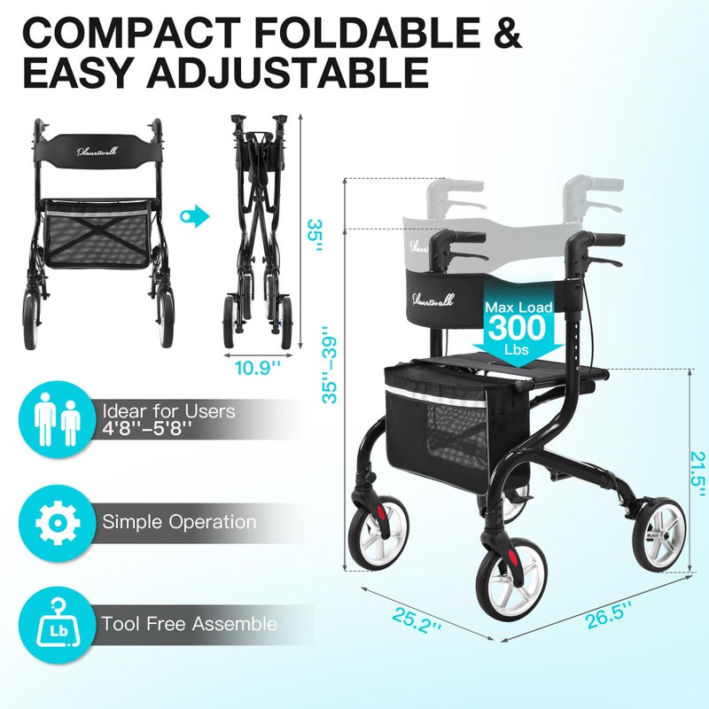 PLANET WALK Super Lightweight Rollator Walker for Seniors, Foldable Rolling Walker with Seat and 8" Rubber Wheels for All Terrain, Unique Design Aluminium Frame Sturdy Walkers for Traveling - Black - Image 2