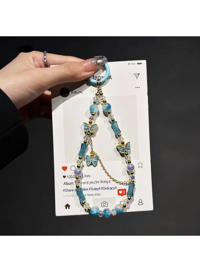 NIBEMINENT Phone Charm/ Chain Strap for Women Girls, Butterfly Glass Flower Cell Phone Case Lanyard Wrist Strap