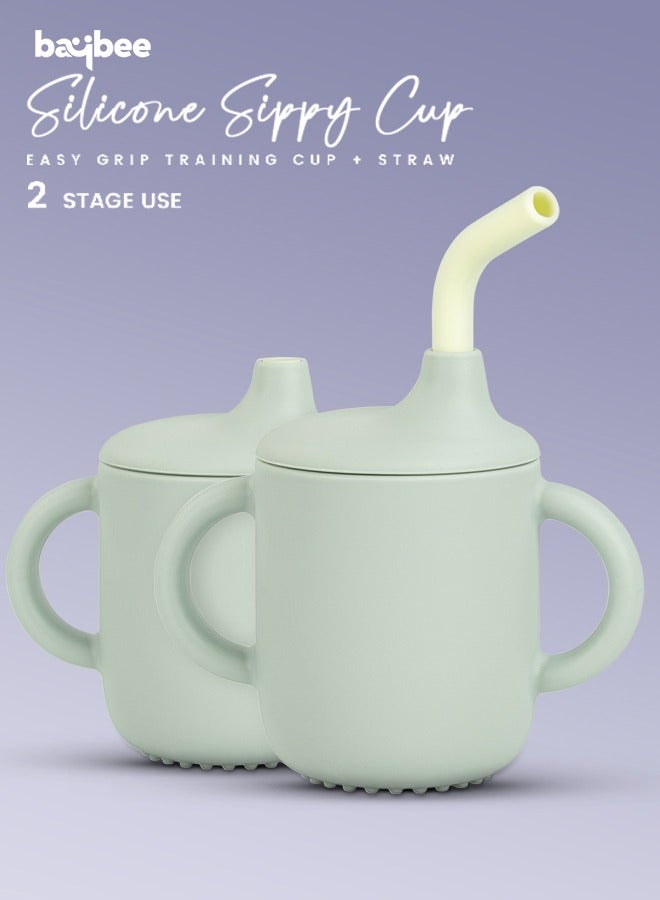 BAYBEE Baby BPA-Free Silicone Sipper Cup Drinking Training Anti Spill Sippy Cup with Silicone Straw & Lid for BabyToddler Spill Proof Non-Slip Twin Handles Spout Cup for Infants Kids 6+ Months Green - Image 2